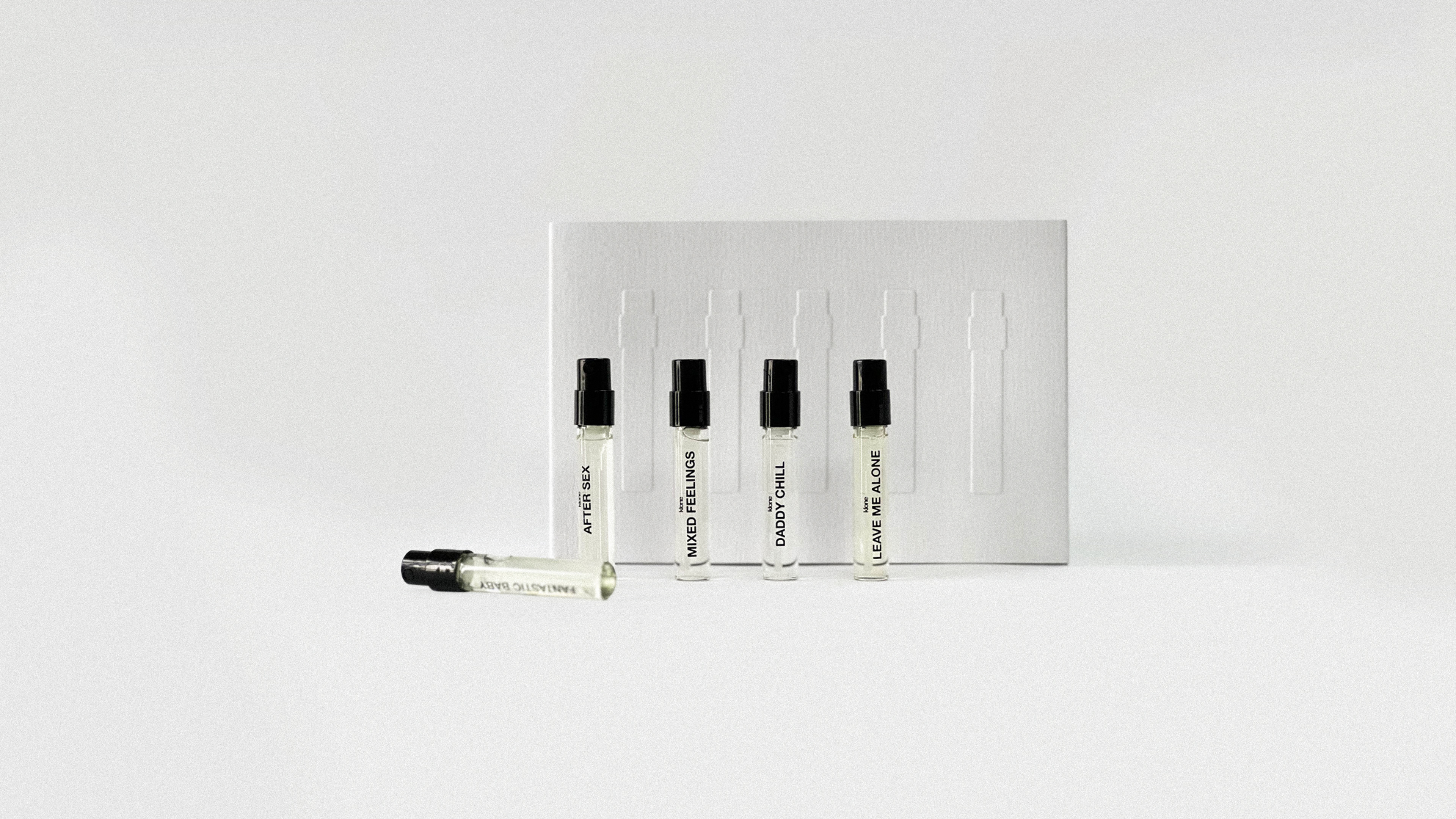 KLONE Discovery Set featuring 2ml samples of our five signature perfumes, perfect for exploring new scents.